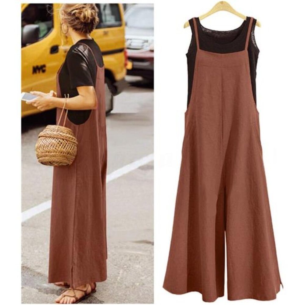 Women Loose Long Bib Pants Wide Leg Jumpsuits Brown - Picture 1 of 5